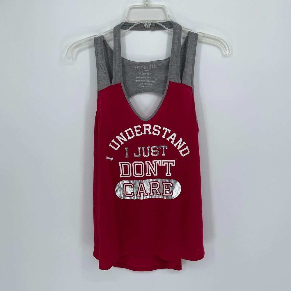 Wound Up Women's Red Gray I Don't‎ Care Sarcastic Graphic Tank Top Size L 11-13